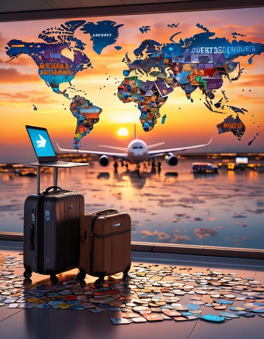 A serene sunset over a packed airport with travelers examining flight deals on laptops and phones, surrounded by a world map made of travel stickers and luggage tags, evoking adventure and exploration. The foreground features a digital display showcasing low flight fares. super-realistic. vibrant colors. 3D.