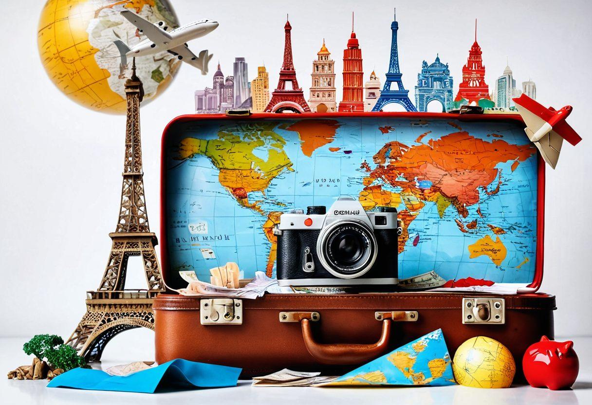 An open suitcase overflowing with travel essentials like a map, a camera, and a guidebook, set against a backdrop of iconic landmarks like the Eiffel Tower, Great Wall of China, and a beach. Incorporate elements such as airplane tickets and a piggy bank symbolizing budget travel in the foreground. Bright, inviting colors with a hint of wanderlust in the air. travel-themed illustration. vibrant colors. white background.