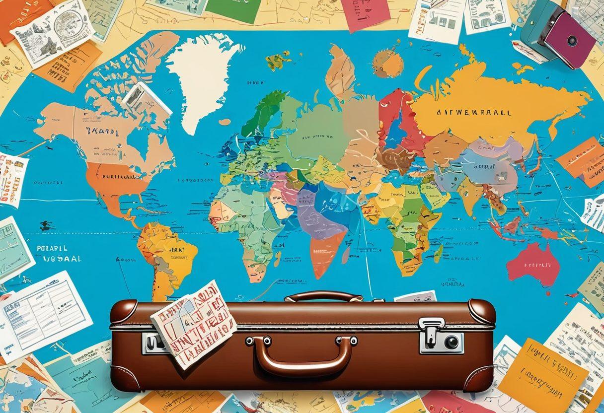A beautifully illustrated world map with colorful, marked hidden gem destinations. In the foreground, a vintage suitcase overflowing with travel essentials, like a camera and a travel journal. Scattered around are flight tickets with affordable price tags, symbolizing budget travel. Bright, inviting colors evoke a sense of adventure and exploration. vector art. vibrant colors.